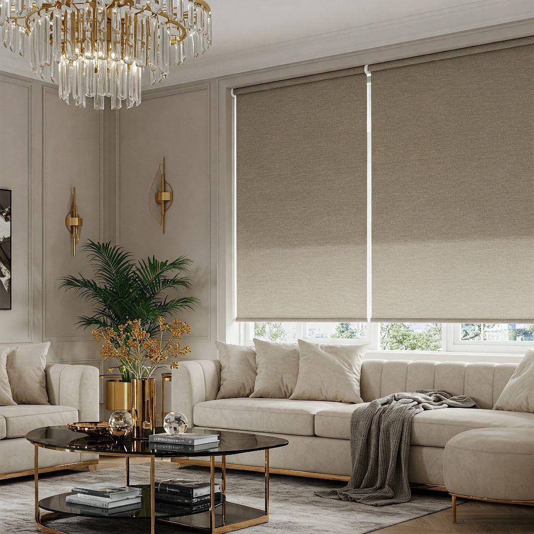 Luxury living room with taupe roller blinds and a crystal chandelier